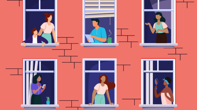 Illustration of an apartment building showing 6 windows with people in each of them going about their daily routines.