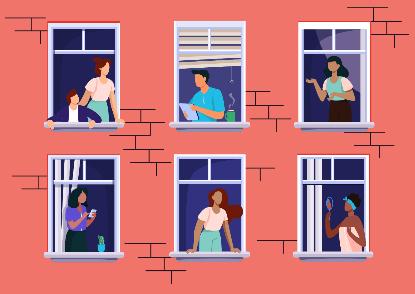 Illustration of an apartment building showing 6 windows with people in each of them going about their daily routines.