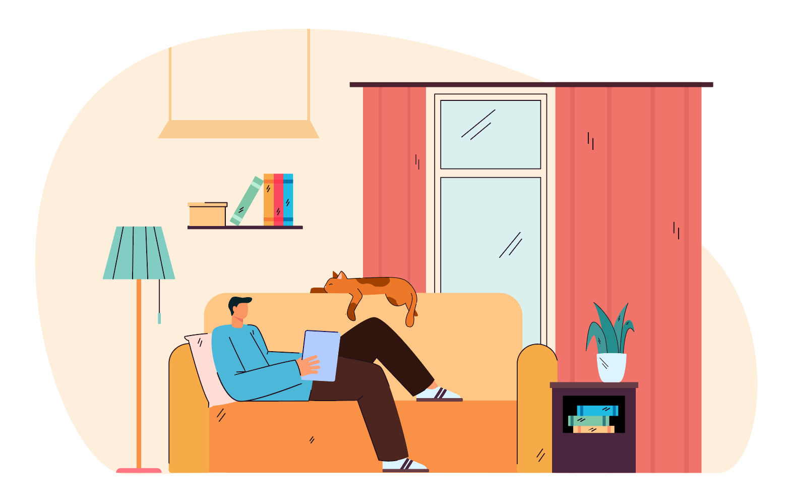 An illustration of a man sitting on his couch in his apartment. A cat sleeps on the back of the couch.