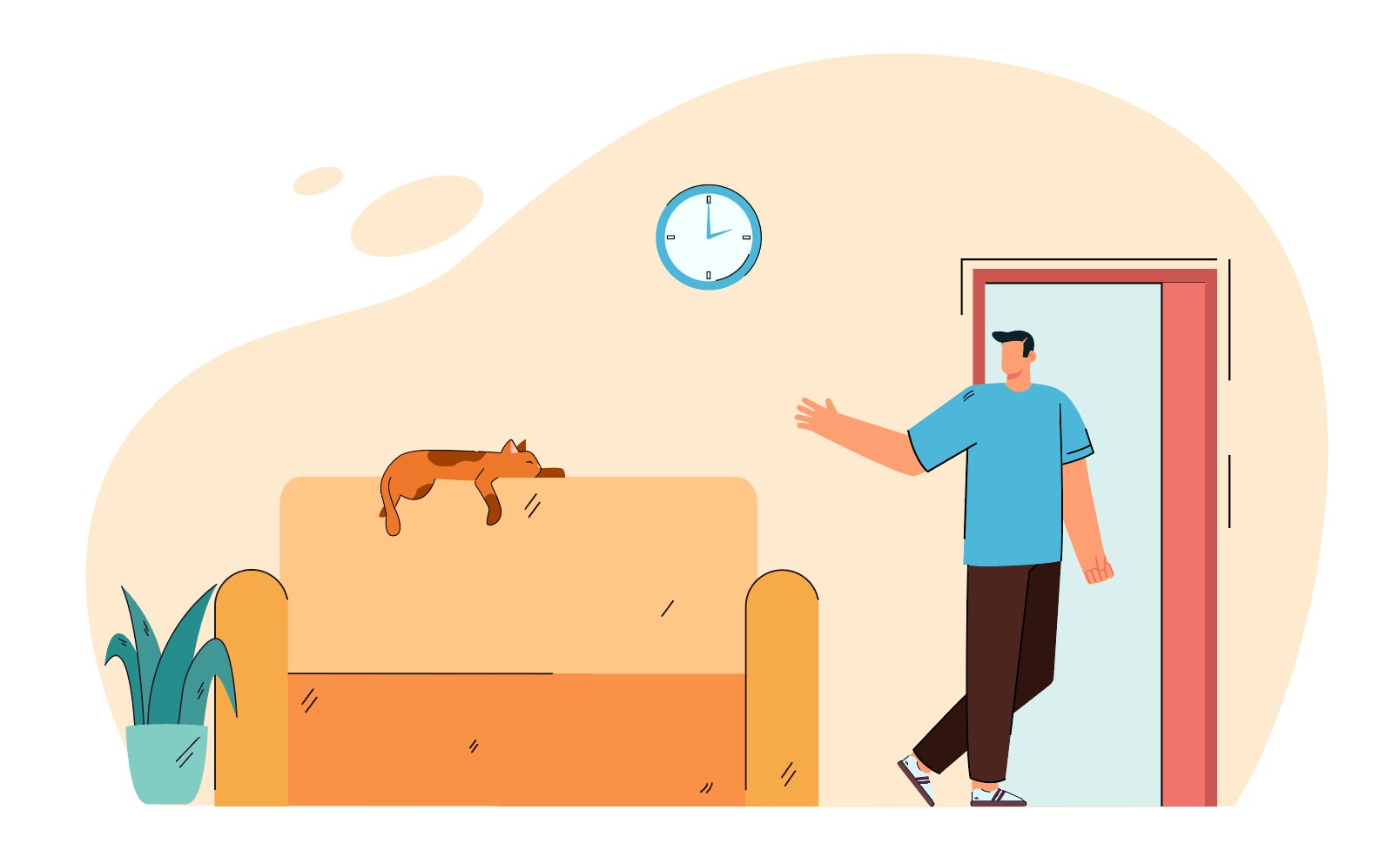 A illustration of a man walking out the door of his apartment waving goodbye to his sleeping cat.