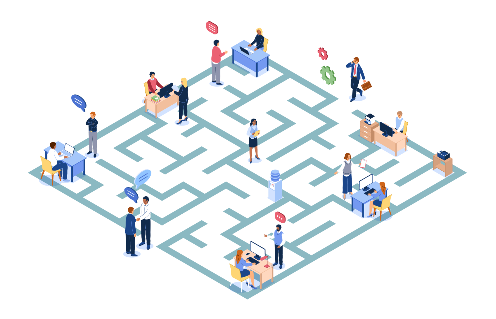 An illustrated maze with a variety of people having conversations and doing office work.