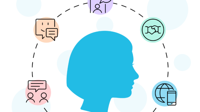 A side view silhouette of a woman's head surrounded by five communication themed icons.