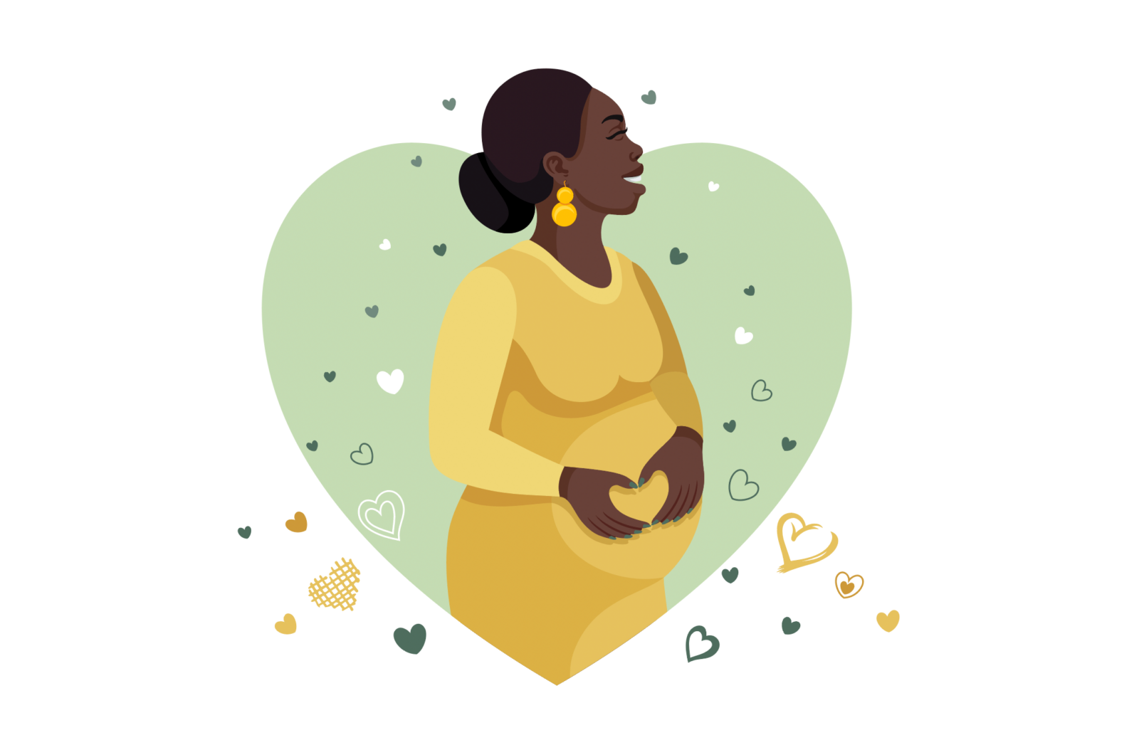 A pregnant woman holding her hands in the shape of a heart surrounded by heart icons