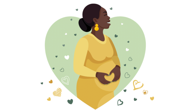 A pregnant woman holding her hands in the shape of a heart surrounded by heart icons