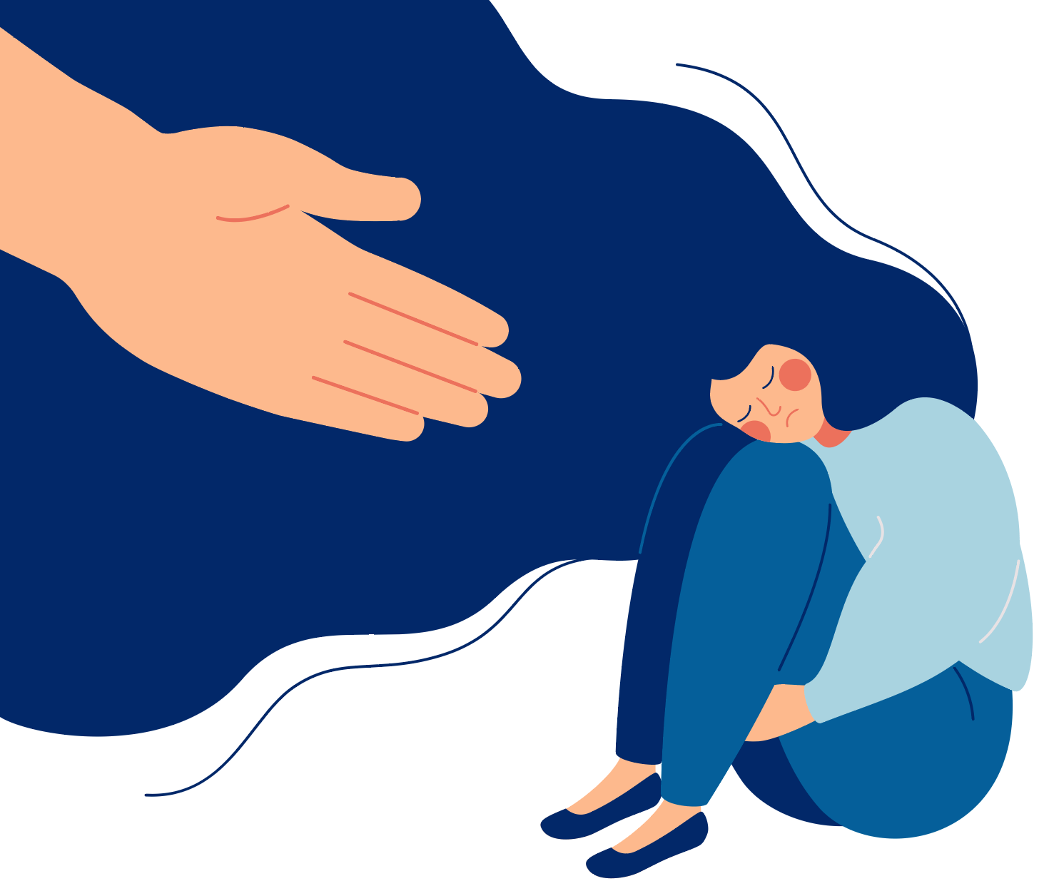 A woman curled up with a hand reaching out to her to help.
