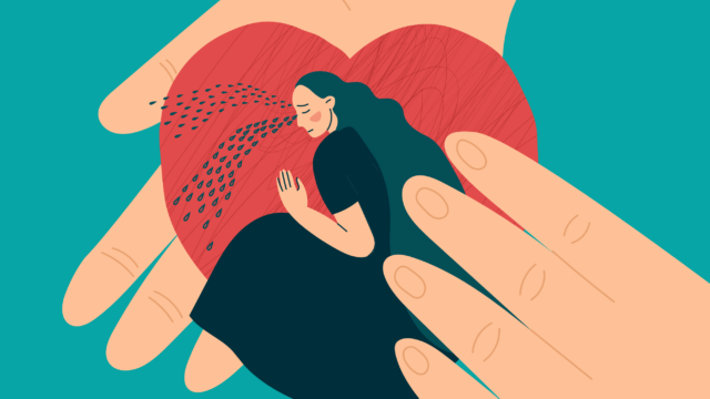 An illustration of two hands holding a crying woman on a heart, signifying compassion.