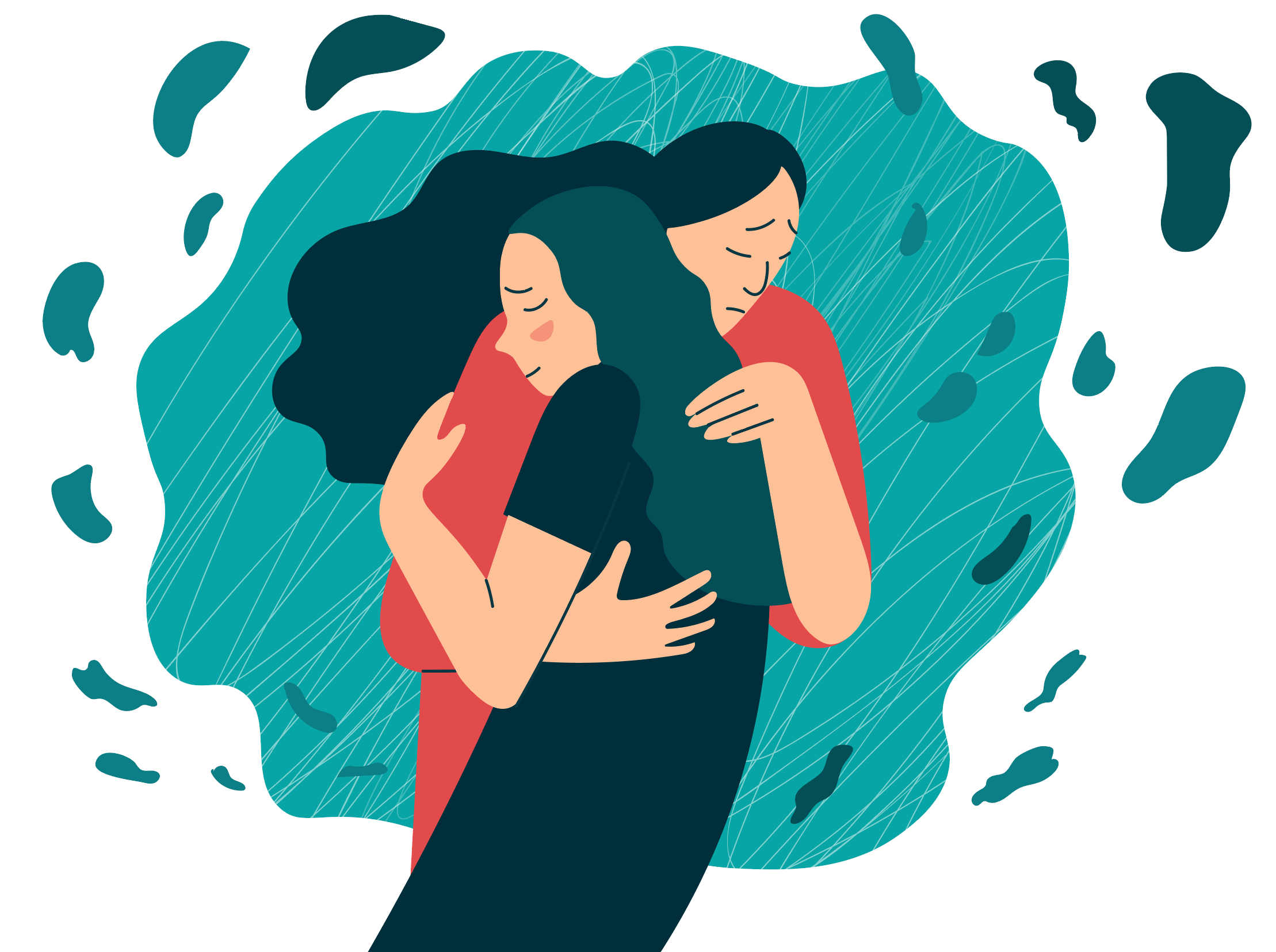 An illustration of a two women in a caring hug surrounded by abstract shapes.