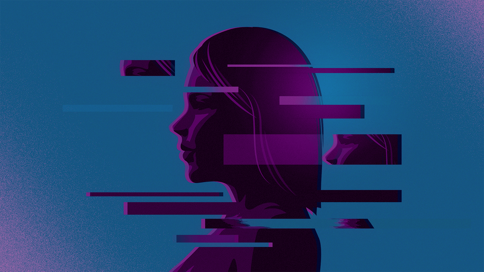 An illustration showing a glitch fragmented profile of a person.