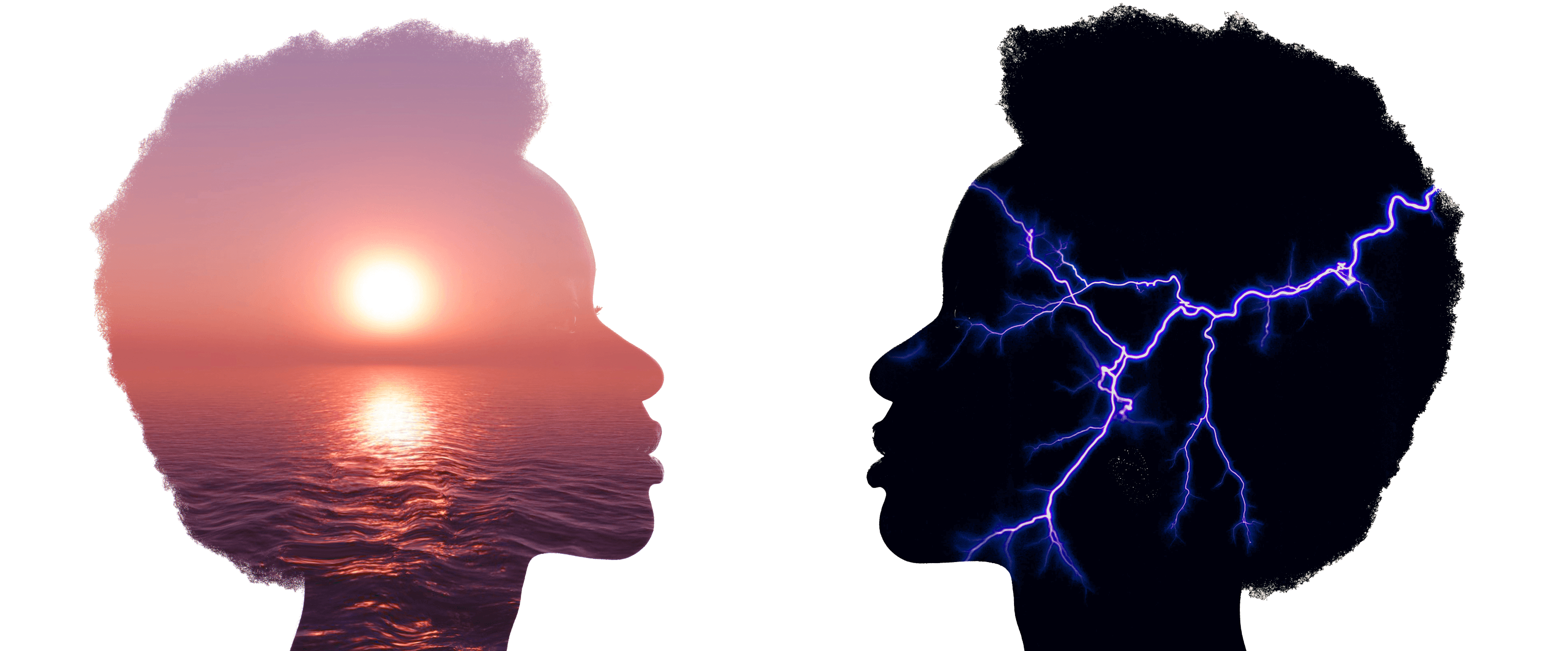 Two silhouettes or a woman facing each other. One with a calm ocean sunset inside the silhouette. The other with lightning.