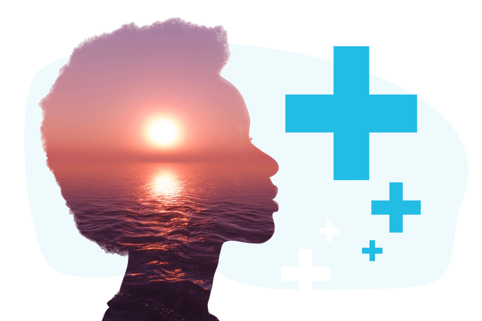 A silhouette of a woman's head with an ocean sunset and calm waters filling the shape.