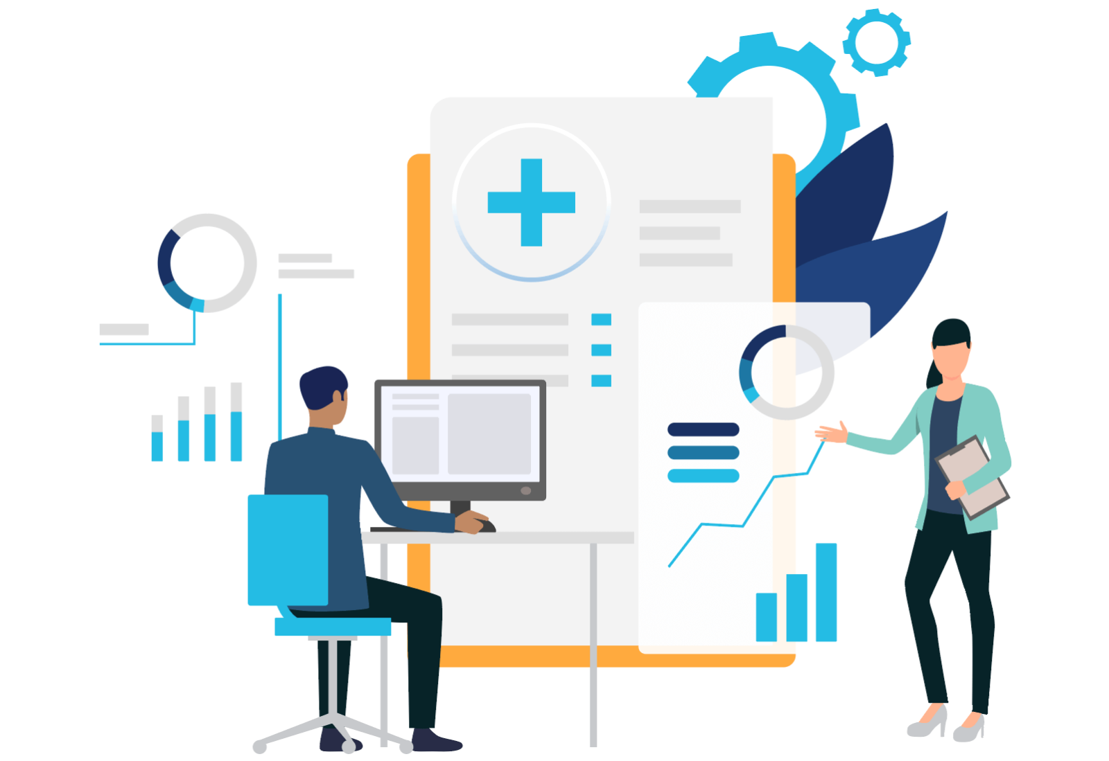 An illustration of to people looking at stylized reports, charts, and data.