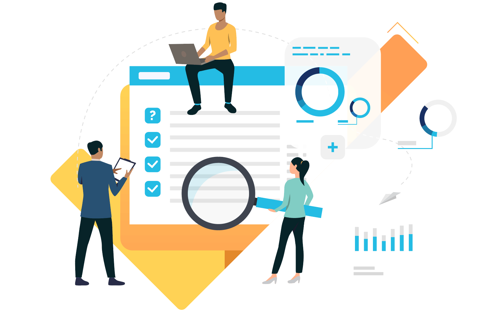 An illustration of three people looking at stylized data generated from a survey or assessment.