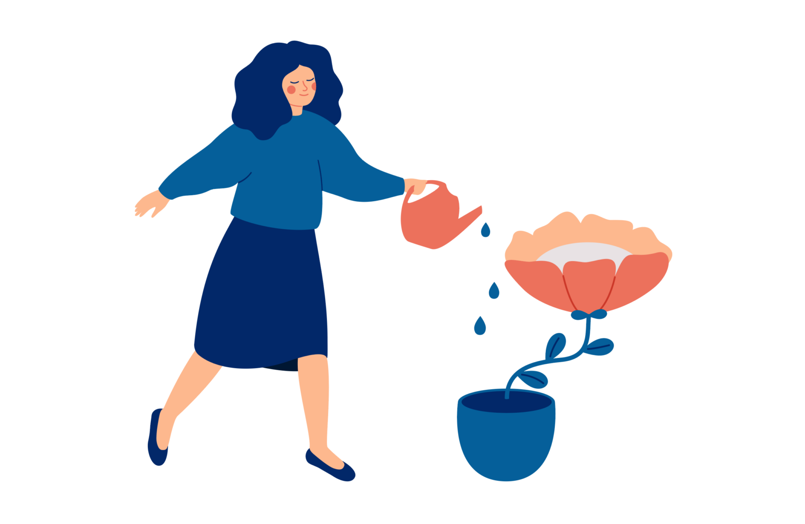 An illustration of a woman watering a large flower.