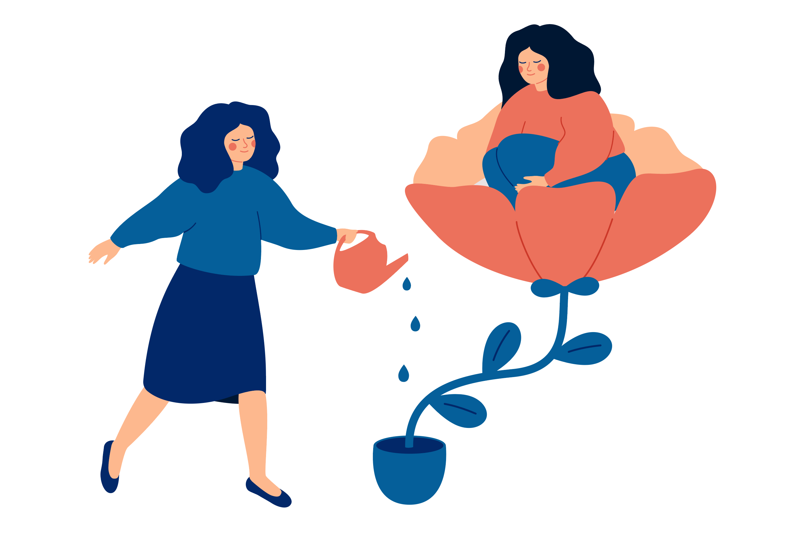 An illustration of a woman watering a flower. In that flower is another woman sitting comfortably.
