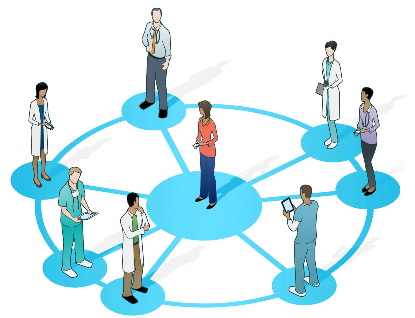 A circle of various healthcare providers surrounding a person.