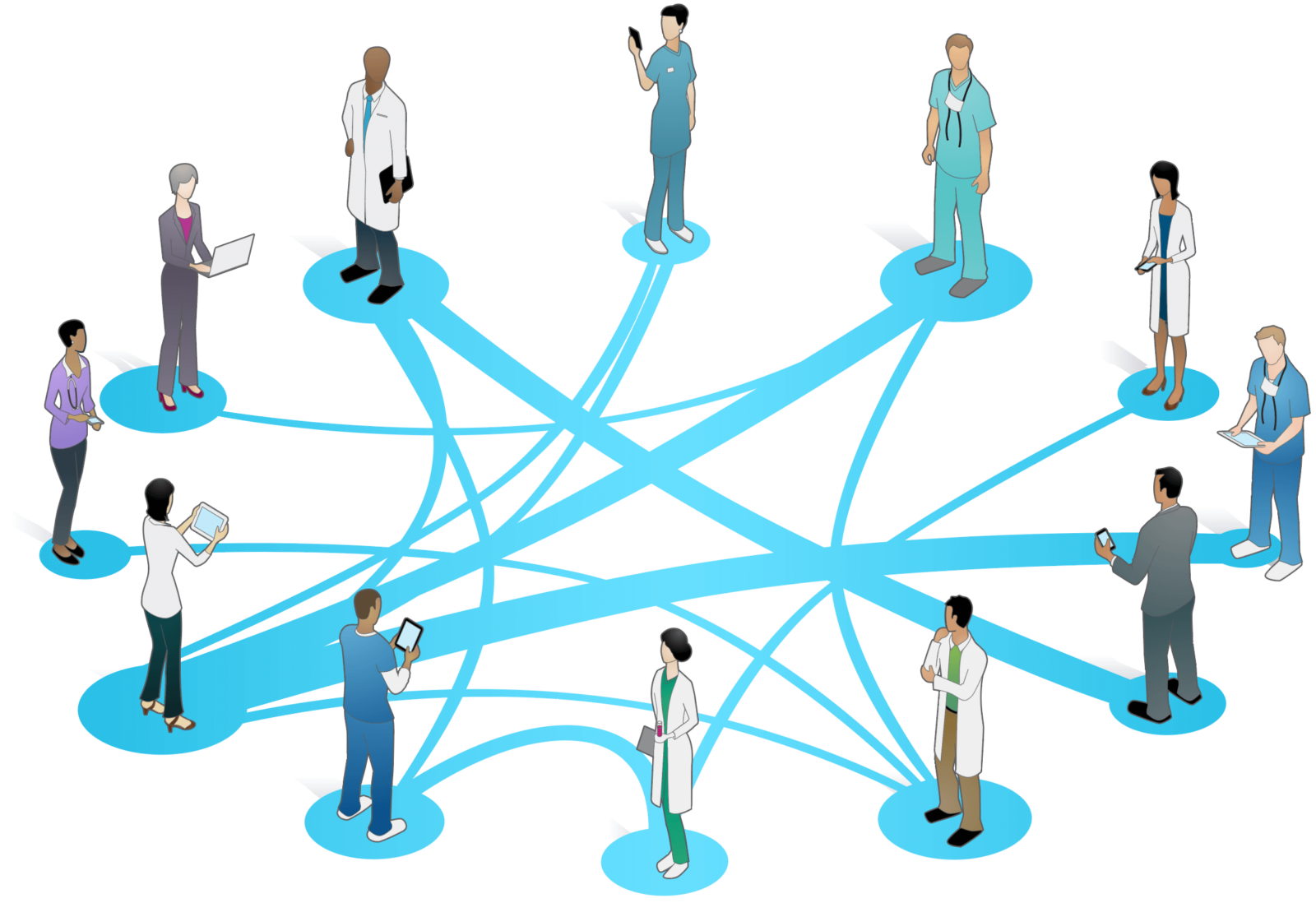 A network of health providers standing in a circle. A network of curved lines connect them.
