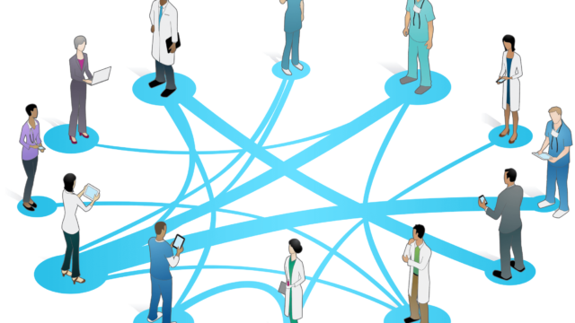 A network of health providers standing in a circle. A network of curved lines connect them.
