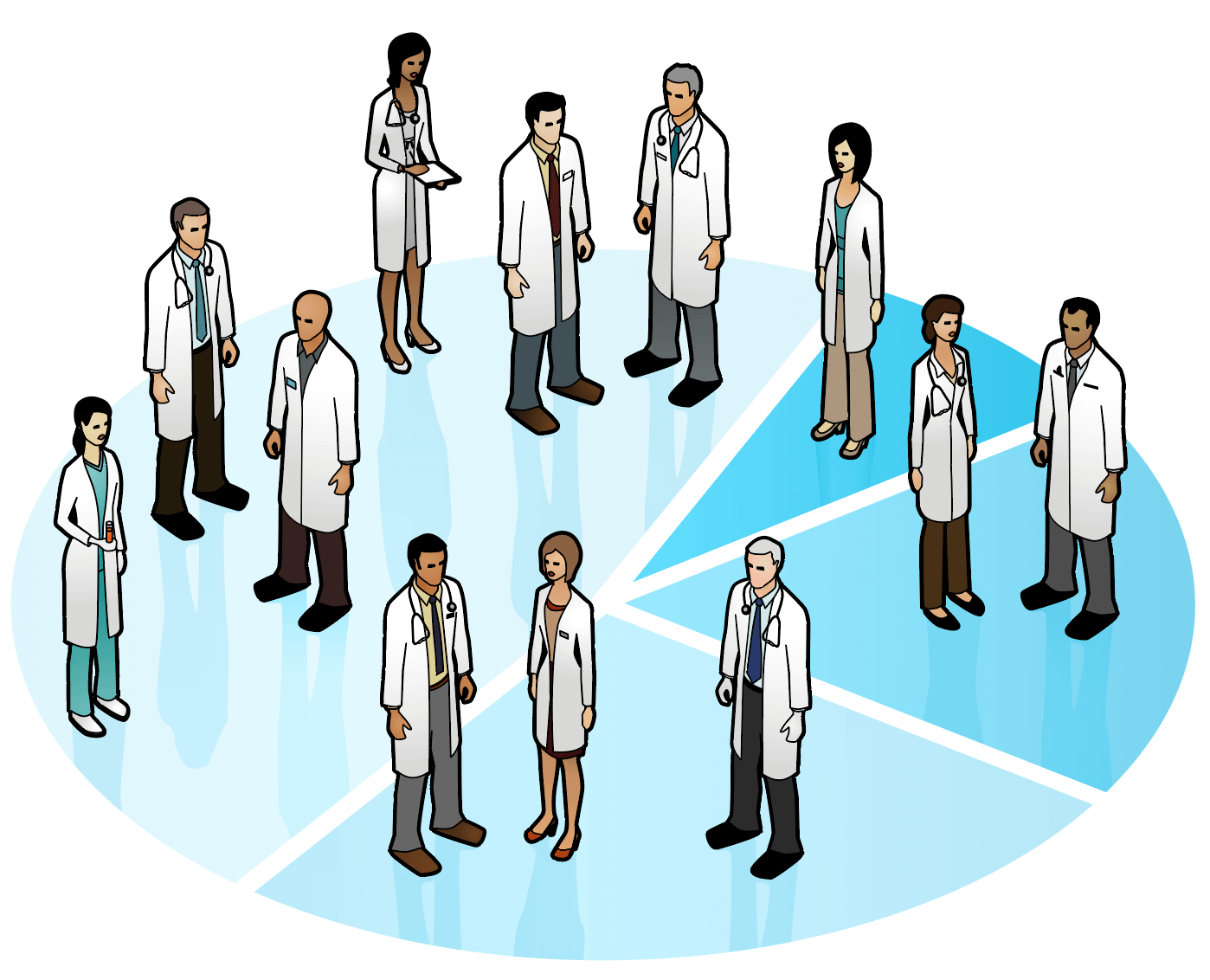 An illustration of a group of healthcare providers standing on a pie chart.