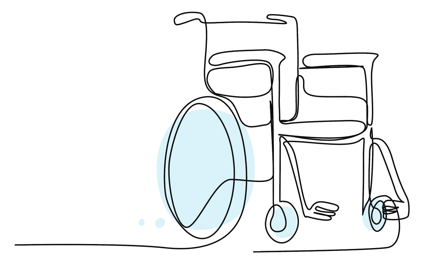 A continuous line drawing of a wheelchair.