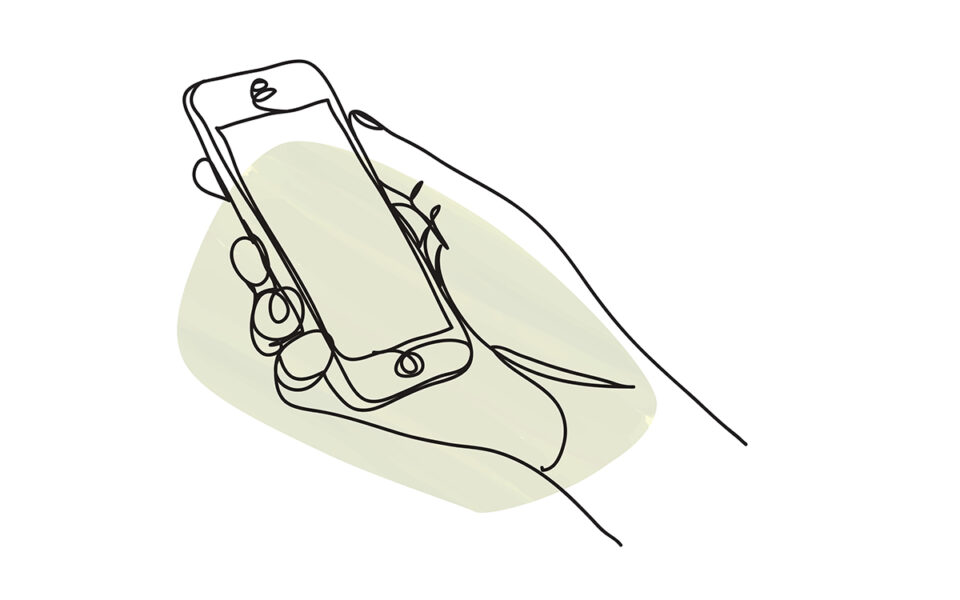 Continuous line drawing of hand holding cell phone