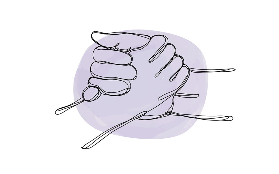 Continuous line drawing of two hands in a friendly embrace