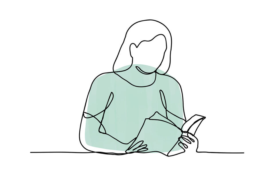 Continuous line drawing of a woman reading a book