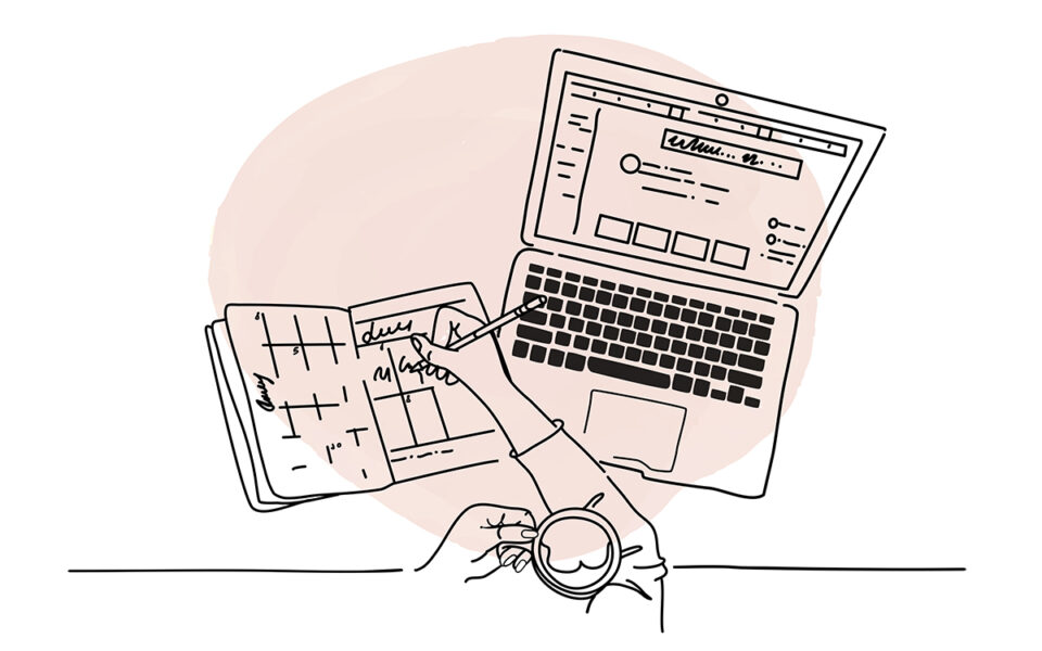 Continuous line drawing of a person at a table with laptop, planner, and coffee