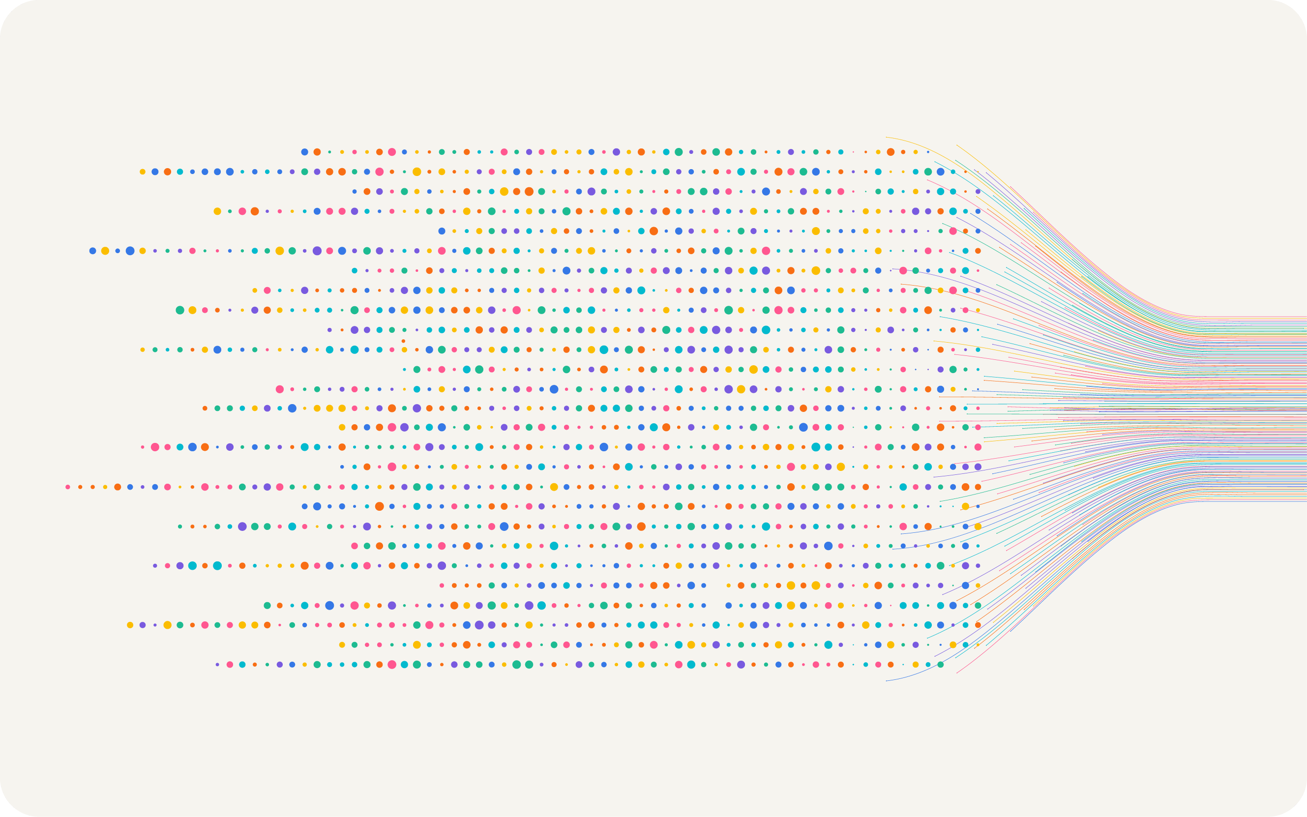 An illustration showing a large grid grouping of colorful data points converging into a funnel.