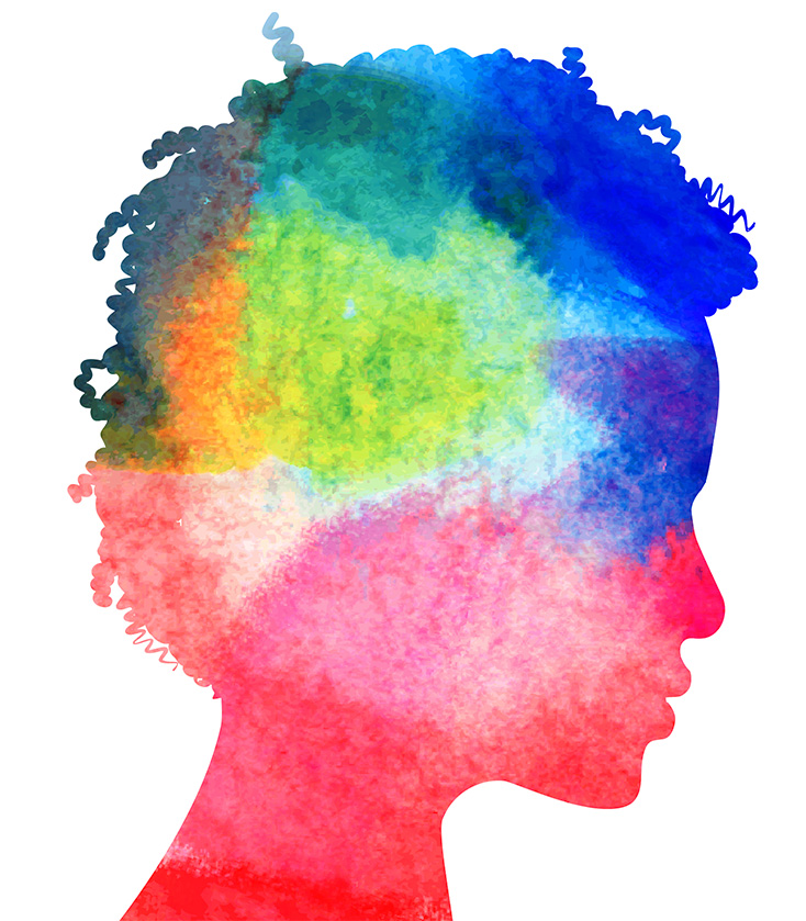 Silhouette of a woman's profile made from a multi-colored abstract watercolor painting.