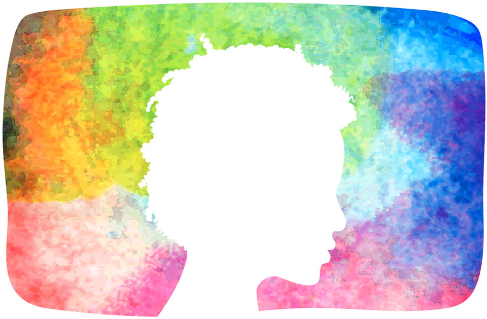 Silhouette of a woman's profile in front of a multi-colored abstract watercolor painting.