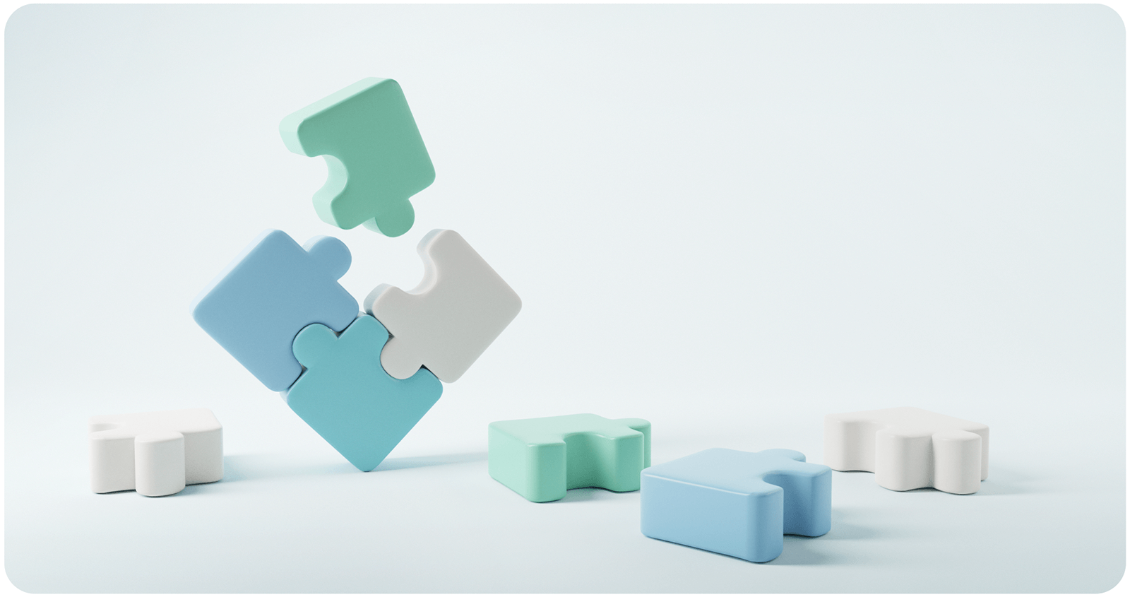 Cartoonish, 3D rendering of puzzle pieces scattered on a nondescript surface.