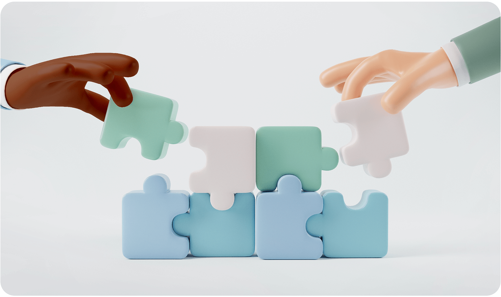 Cartoonish, 3D rendering of two hand placing puzzle pieces into a loosely fitting puzzle.