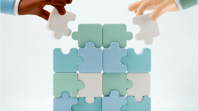Cartoonish, 3D rendering of two hand placing puzzle pieces into a loosely fitting puzzle.