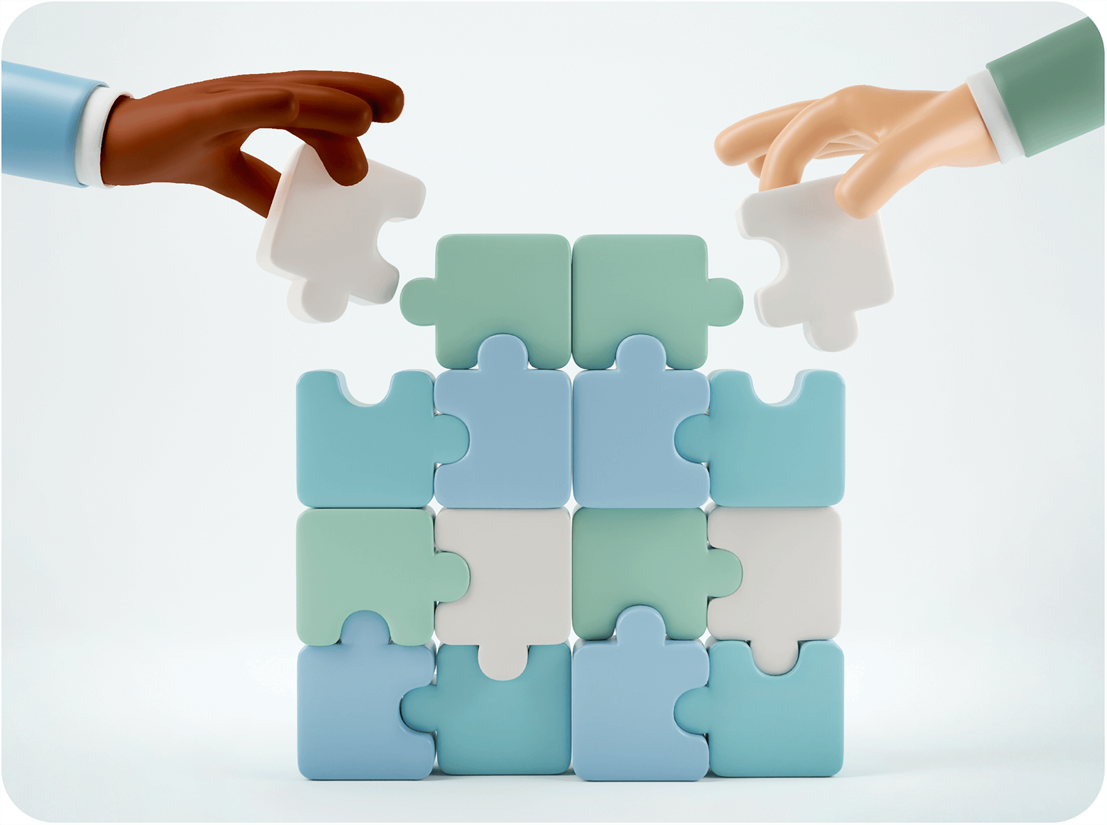 Cartoonish, 3D rendering of two hand placing puzzle pieces into a loosely fitting puzzle.