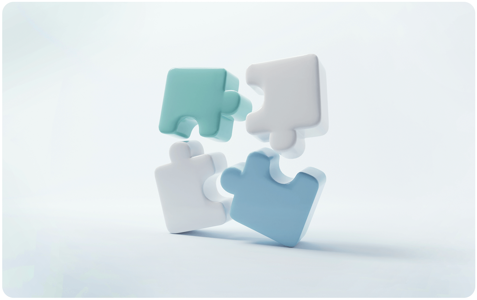 Cartoonish, 3D rendering of four puzzle pieces falling into place.